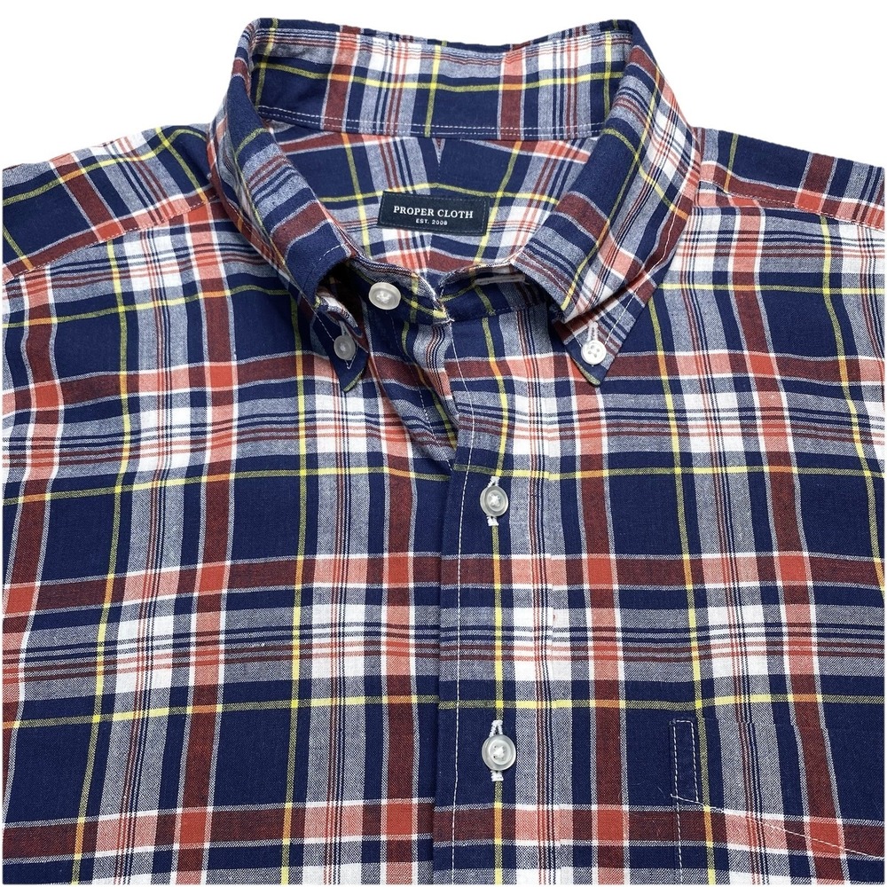Proper Cloth Shirt (L) Mens L/S Button Down Navy Tomato Plaid Madras